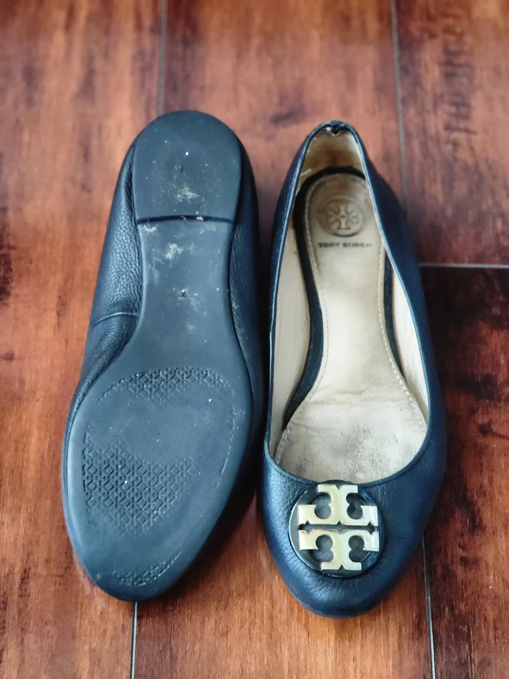 Tory Burch Reva Black Leather Ballet Flats Gold Logo Women's Size 7